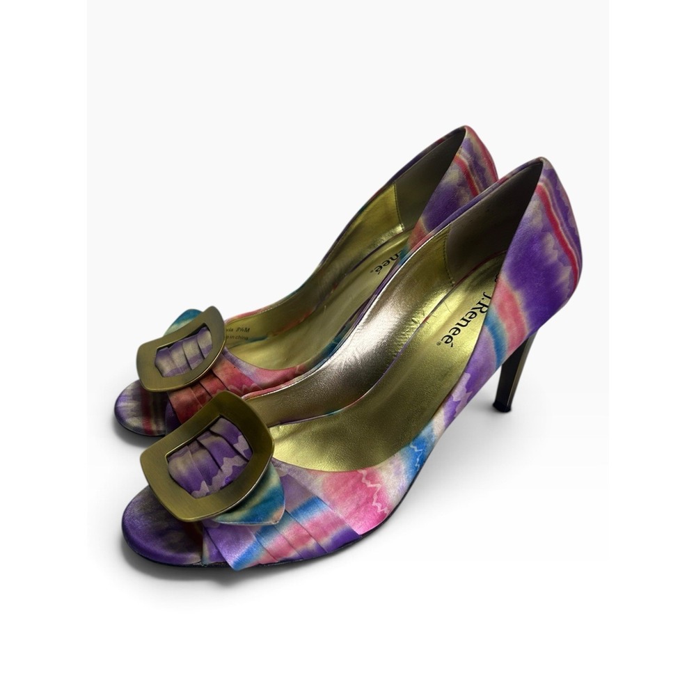 J. Renee Silvia Peep Toe Heels 9.5 M Tie Dye Satin Gold Buckle Pumps Watercolor